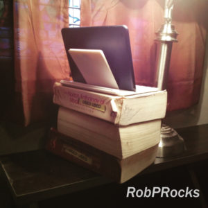 low-tech iPad tripod made of 3 old Norton Anthologies