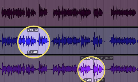 “playlist” view showing alternate takes with punched in recording regions