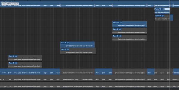 Logic Audio Pro’s “Take Folder” showing punched regions stacked vertically