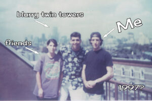 3 people on a Brooklyn rooftop with a blurry Manhattan skyline behind them. left to right: a brunette woman, a brown-haried man, and Rob in a backward baseball cap. 